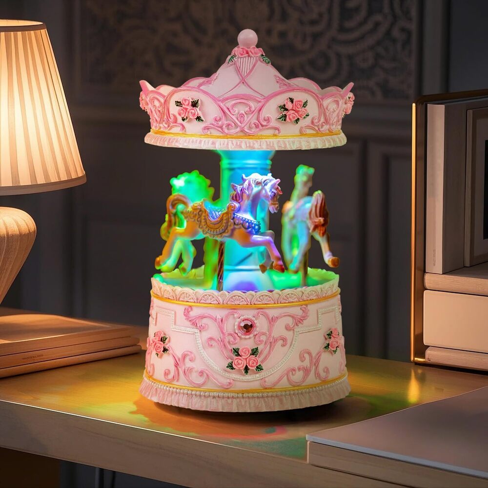 9656 Enchanting Pink Carousel Music Box with LED Lights, Plays Castle in